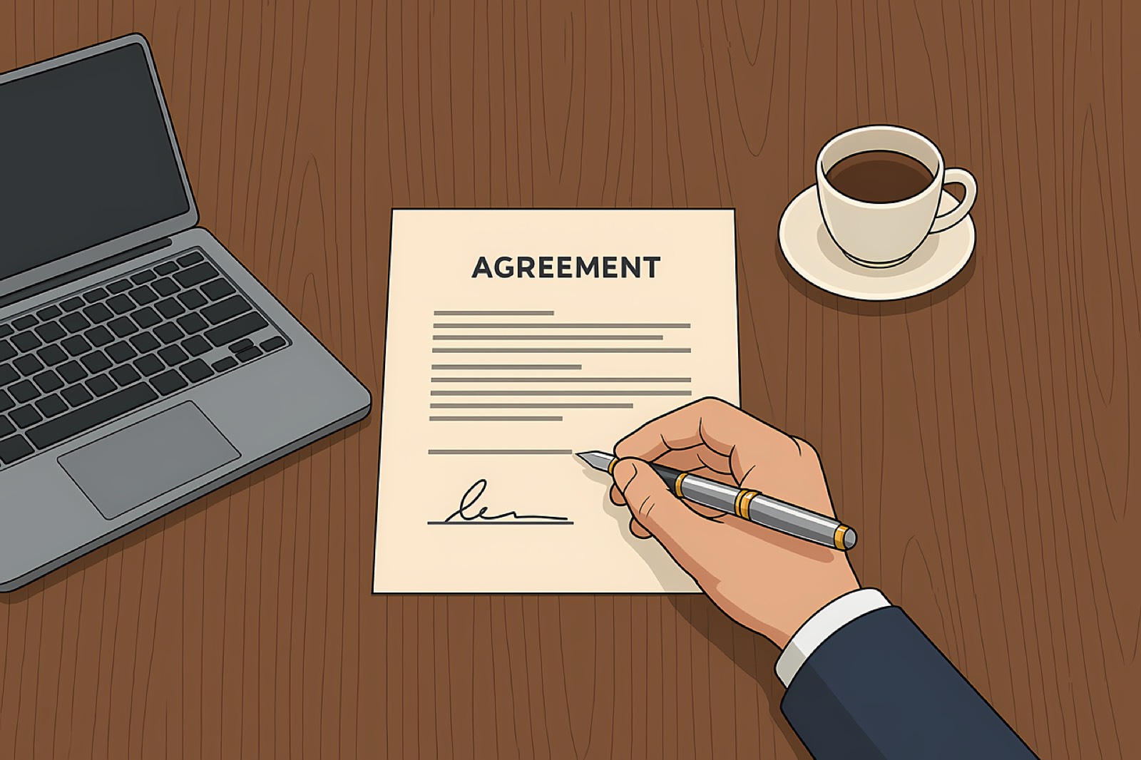 Bureau de freelance web avec documents contractuels et tasse de café